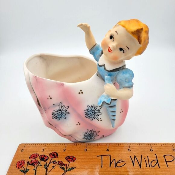 Vintage Velco Ceramic Girl Planter with Pink and Blue Accents - Picture 10 of 16